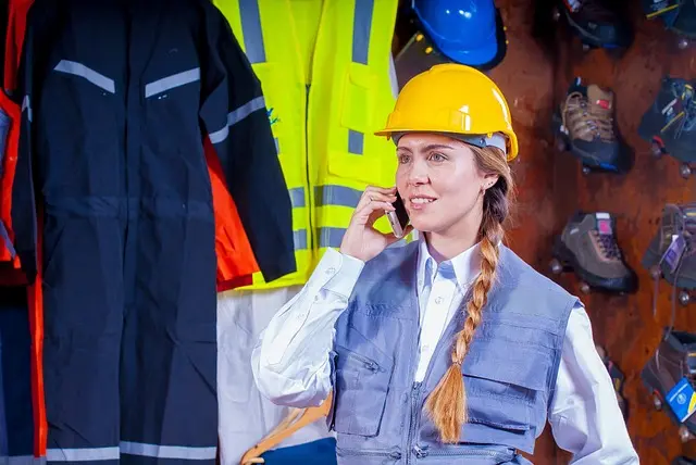mujer con casco de seguridad hablando por telefono